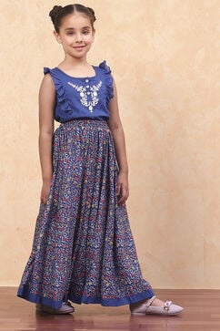 Blue Cotton Straight Printed Kurta Skirt Suit Set image number 5