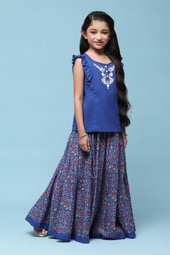 Blue Cotton Straight Printed Kurta Skirt Suit Set image number 5