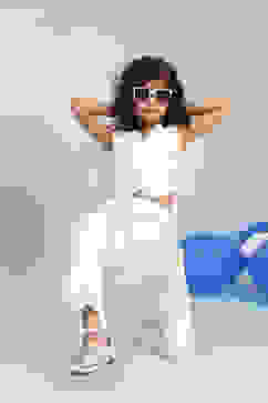 White Cotton Schiffli Crop Top & Pants Set image number 0