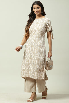 Beige Rayon Fusion Printed Kurta Set image number 6