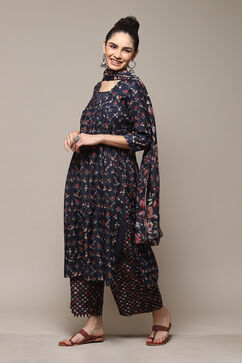 Navy Poly Cotton Layered Kurta Palazzo Suit Set image number 6