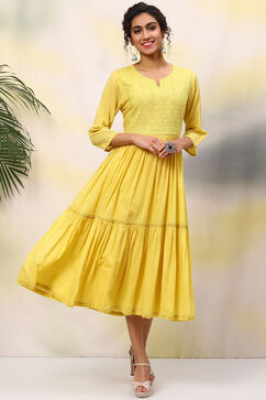 Yellow Cotton Flared Solid Dress image number 0
