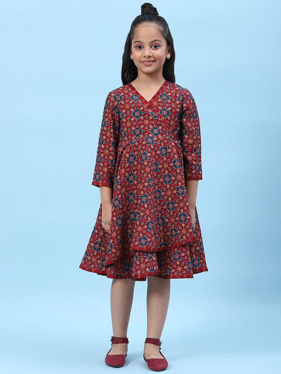 Green & Maroon Silk Front Open Printed Dress image number 0