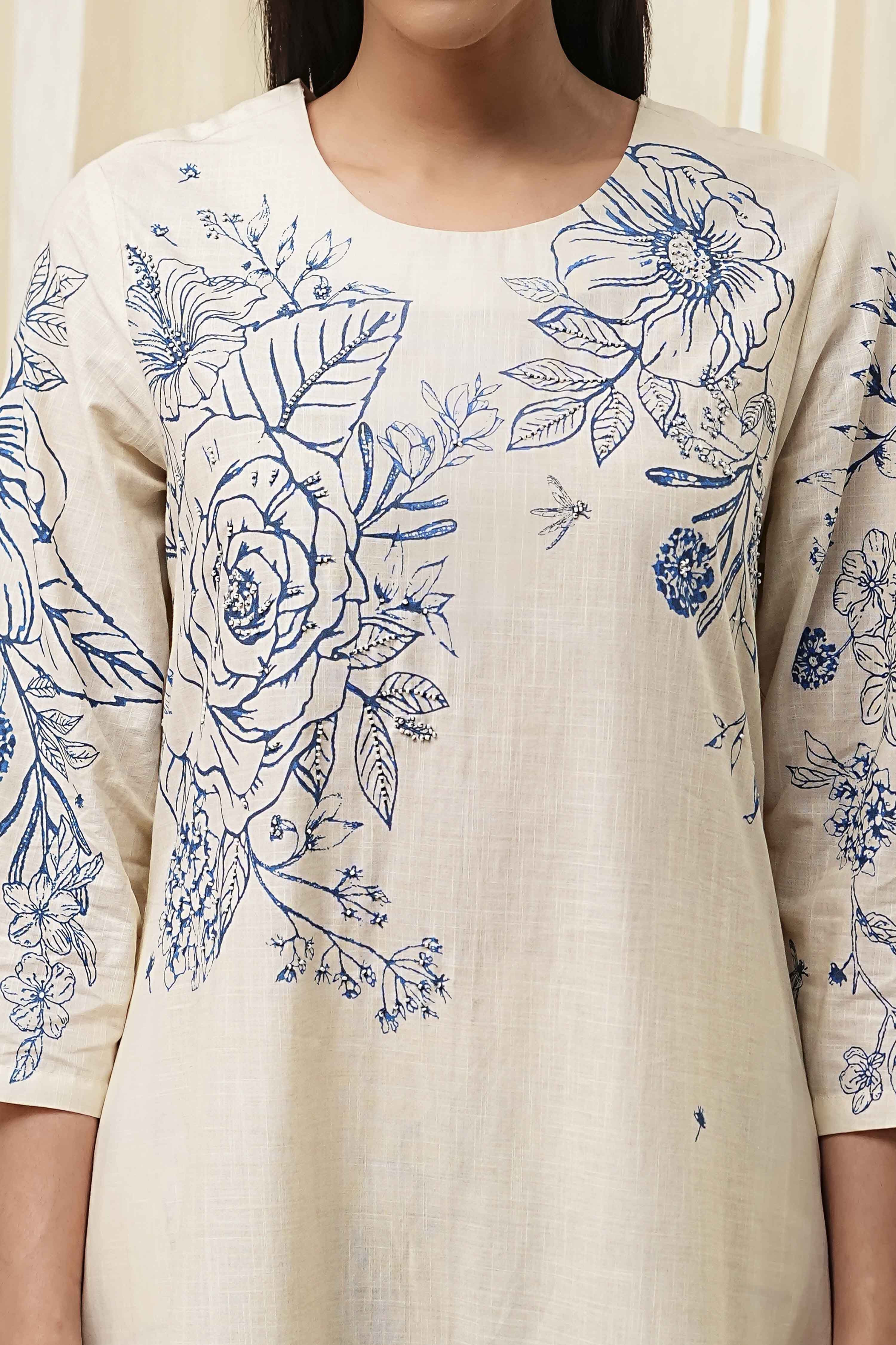 Off-White and Blue Cotton Straight Suit Set image number 1