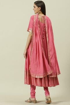 Pink Embroidered Cotton Anarkali Kurta Churidar Suit Set image number 4