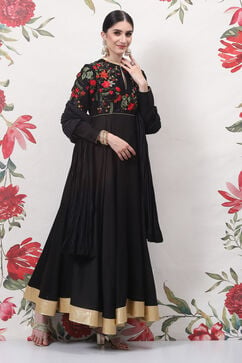 Rohit Bal Black Cotton Silk Anarkali Embroidered Suit Set image number 5