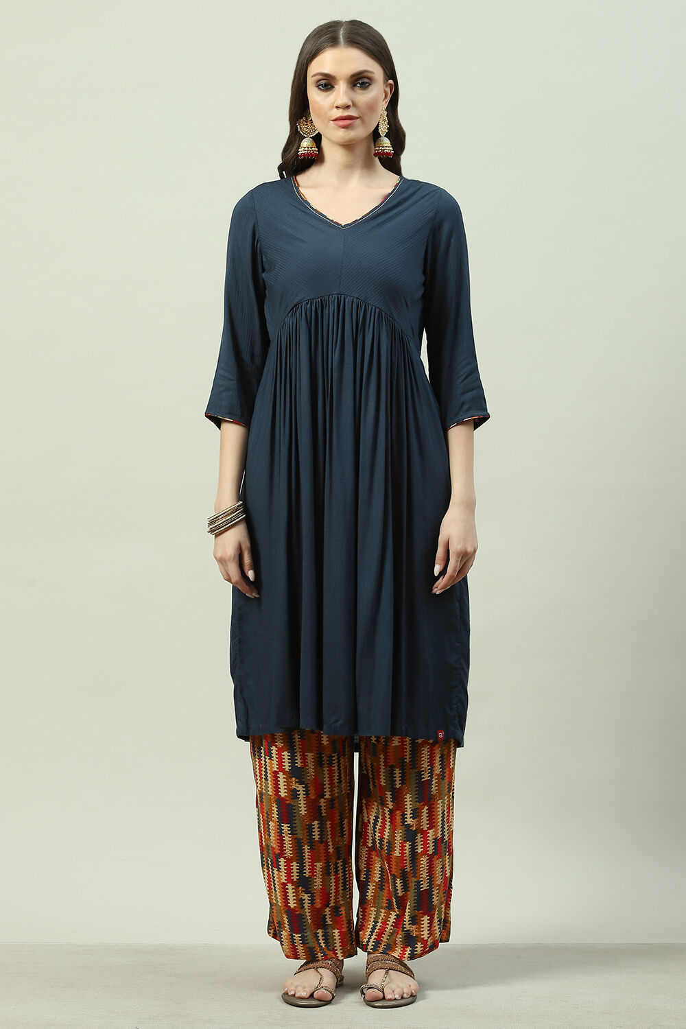 Navy LIVA A-Line Kurta Palazzo Suit Set image number 7