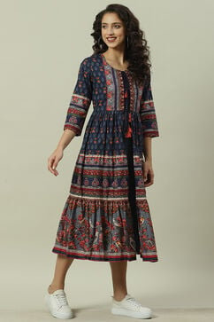 Blue Cotton Fusion Dress with Printed Jacket image number 2