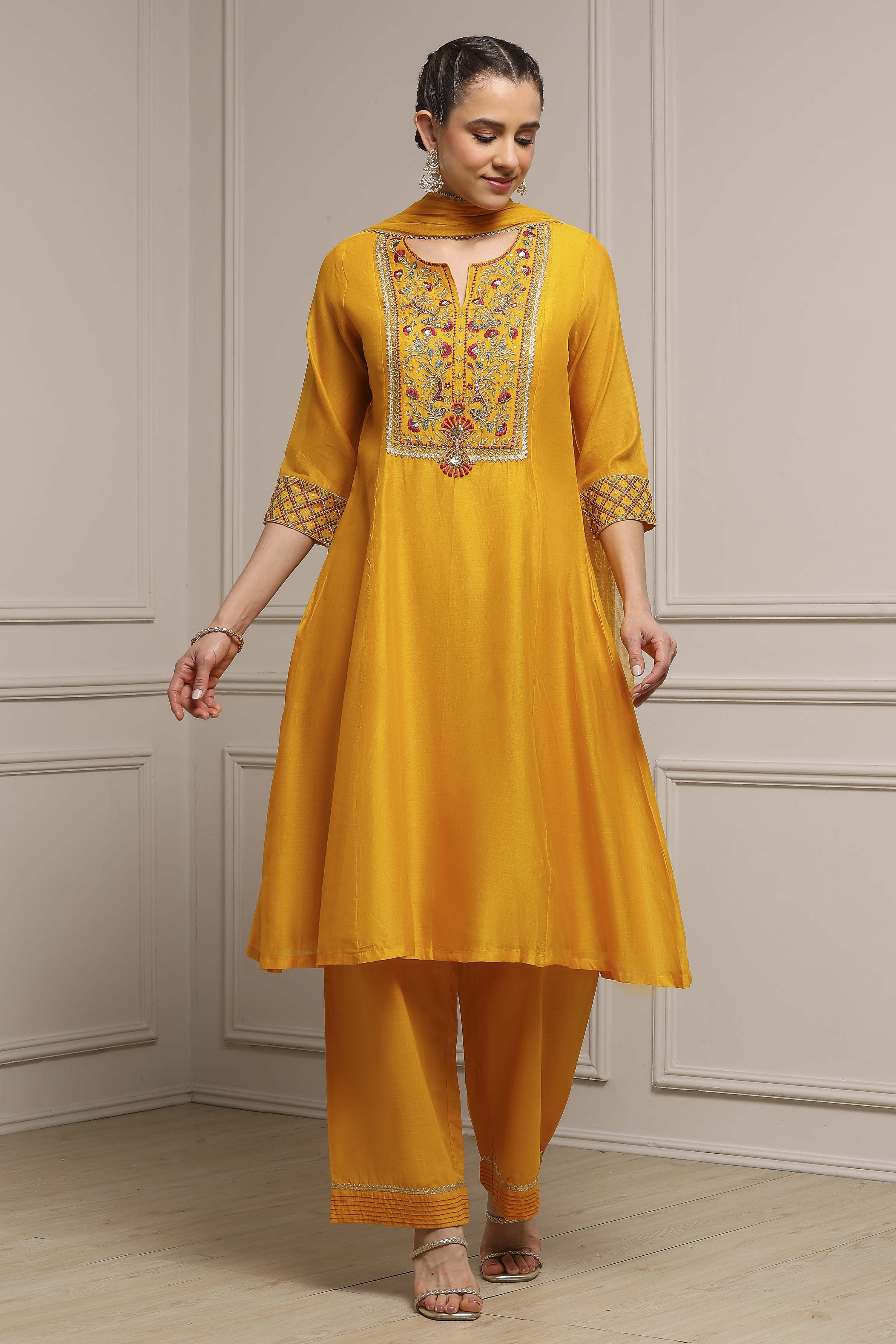 Yellow Viscose Rayon A-Line Solid Suit Set image number 0