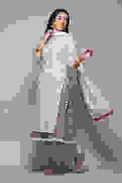 Off White Cotton Layered Printed Kurta Churidar Suit Set image number 4