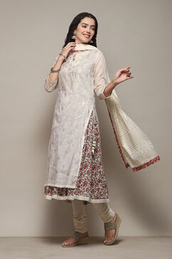 Off White Cotton Layered Printed Kurta Churidar Suit Set image number 4