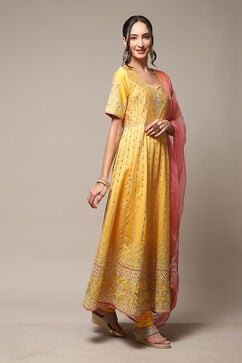 Yellow Cotton Blend Anarkali Kurta Churidar Suit Set image number 6