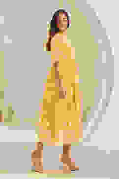 Yellow Cotton Embroidered Tiered Dress image number 4