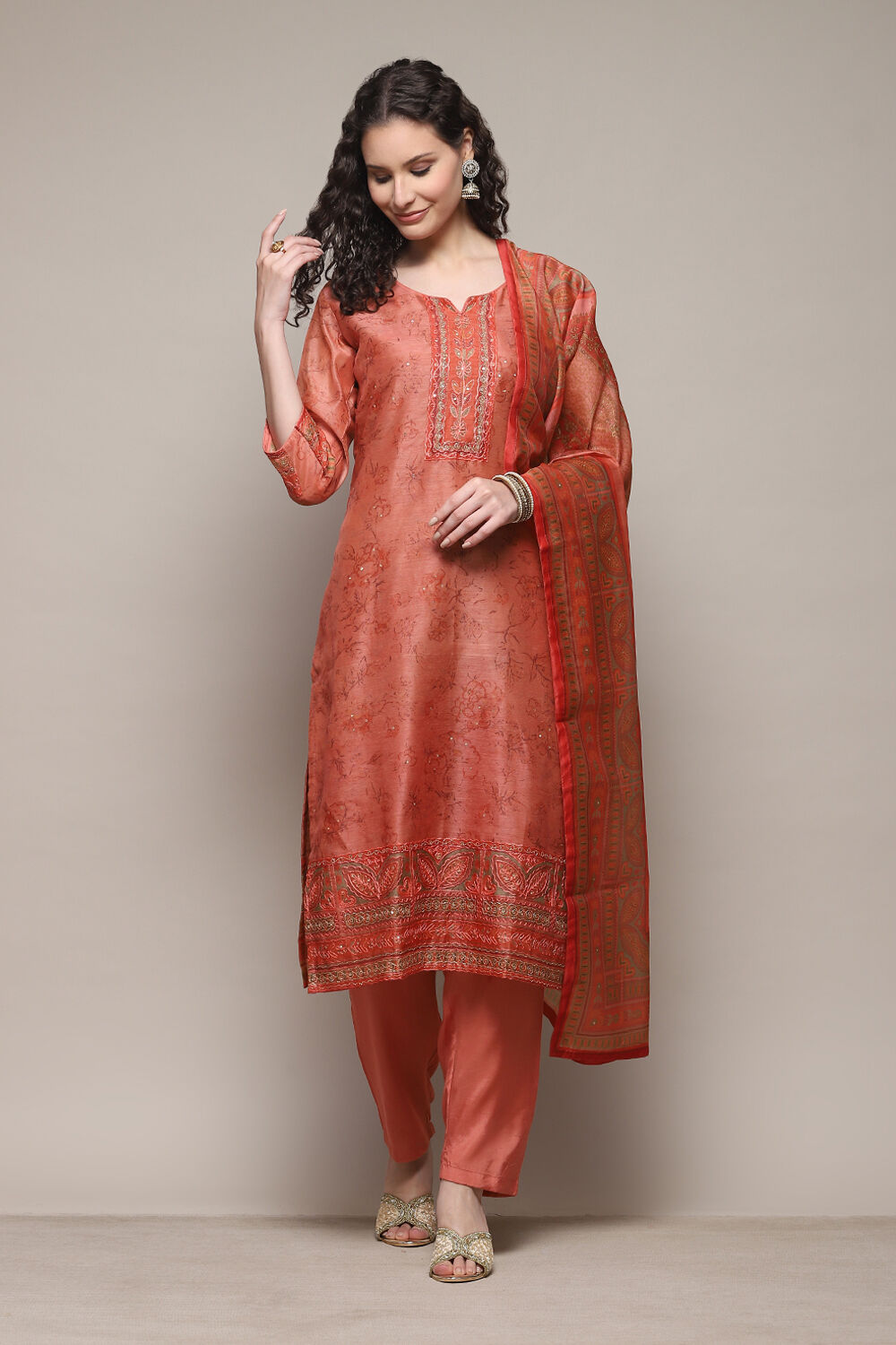 Buy Red Chanderi Unstitched Suit Set Kurta Bottom Dupatta for