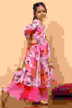 White and Pink Floral Printed Flared Festive Suit Set image number 3