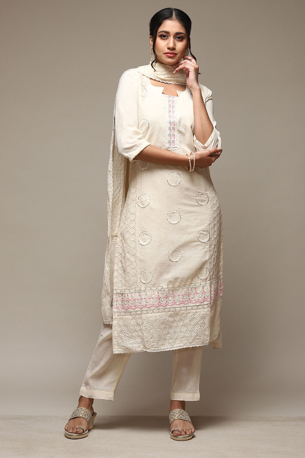 Off White Cotton Schiffly Unstitched Suit Set image number 8