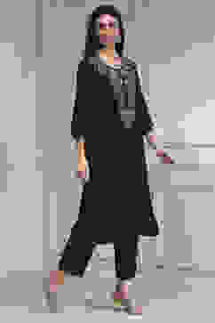 Black Textured Straight Kurta Pants Set image number 5