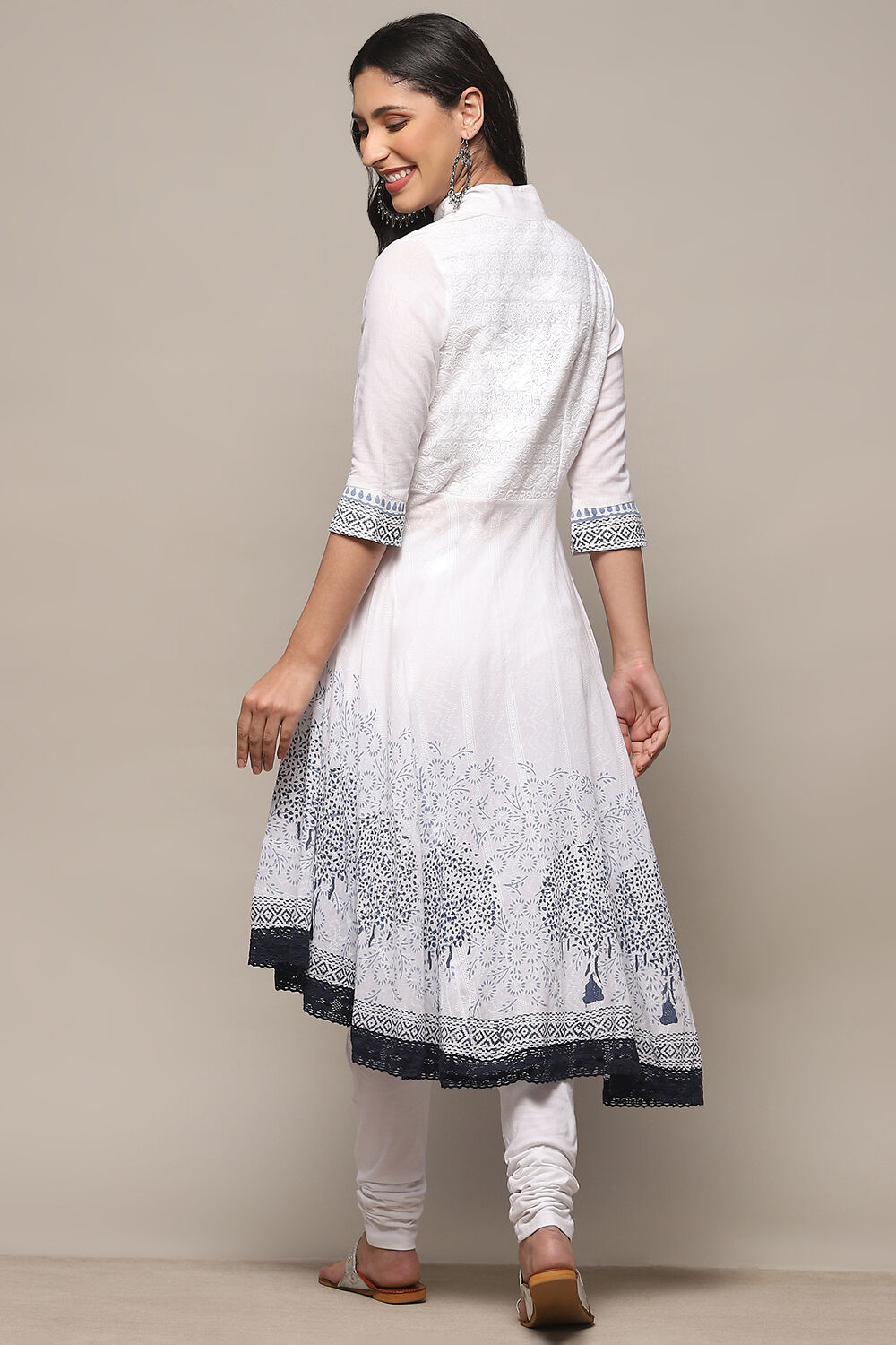 White Cotton Asymmetric Anarkali & Churidar Suit Set image number 5