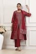 Maroon Polyester Straight Suit Set