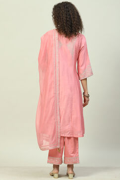 Pink Cotton Silk A-Line Kurta Narrow Palazzo Suit Set image number 4
