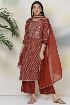 Terracotta Red Art Silk Straight Kurta Palazzo Suit Set image number 0