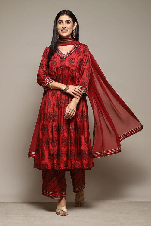Teracotta Viscose Gathered Kurta Palazzo Suit Set image number 0