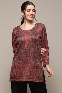 Red Poly Cotton Straight Printed Kurti image number 5