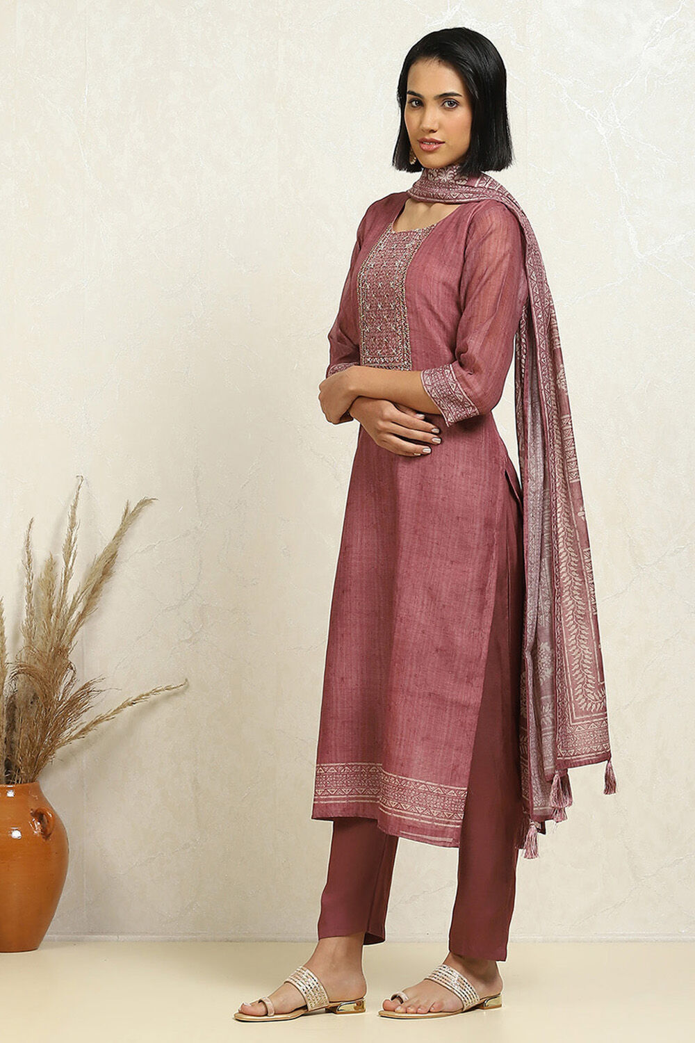 Blue Chanderi Hand Embroidered Unstitched Suit Set image number 4