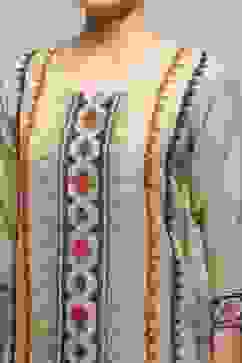 Beige Linen Blend Hand Painted Unstitched Suit Set image number 2