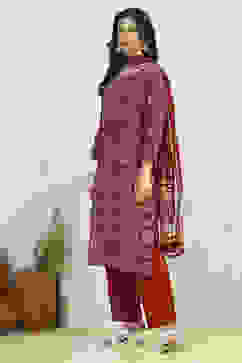 Red Cotton Printed Embroidered Unstitched Suit Set image number 4