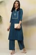 Teal Cotton A-Line Fusion Solid Kurta Set image number 6