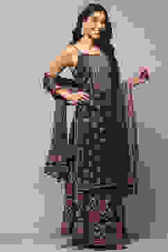 Black Linen Blend Straight Suit set image number 6