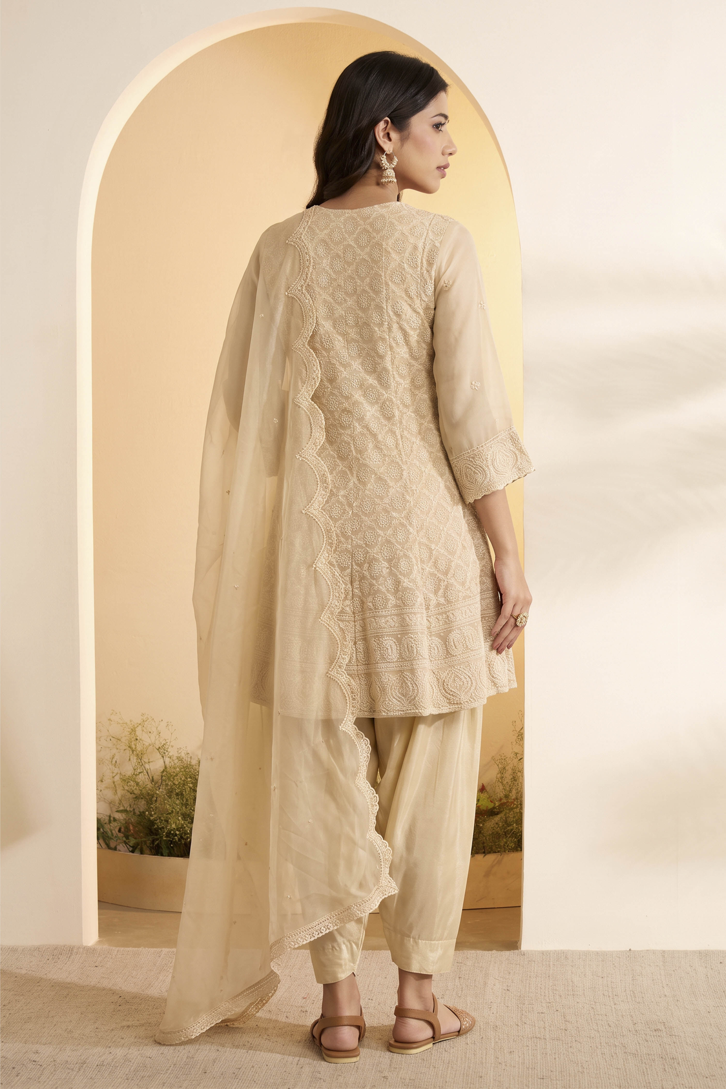 Beige Polyester Kalidar Suit Set image number 4