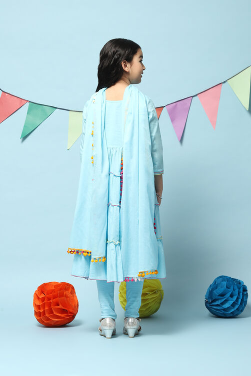 Blue Cotton Tiered Kurta Churidar Suit Set image number 4