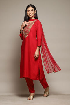 Coral Red LIVA Gathered Kurta Parallel Pants Suit Set image number 5