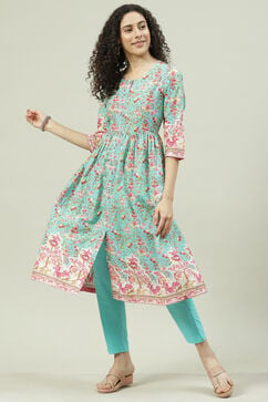 Green & Turquoise Printed Cotton Gathered Suit Set image number 6