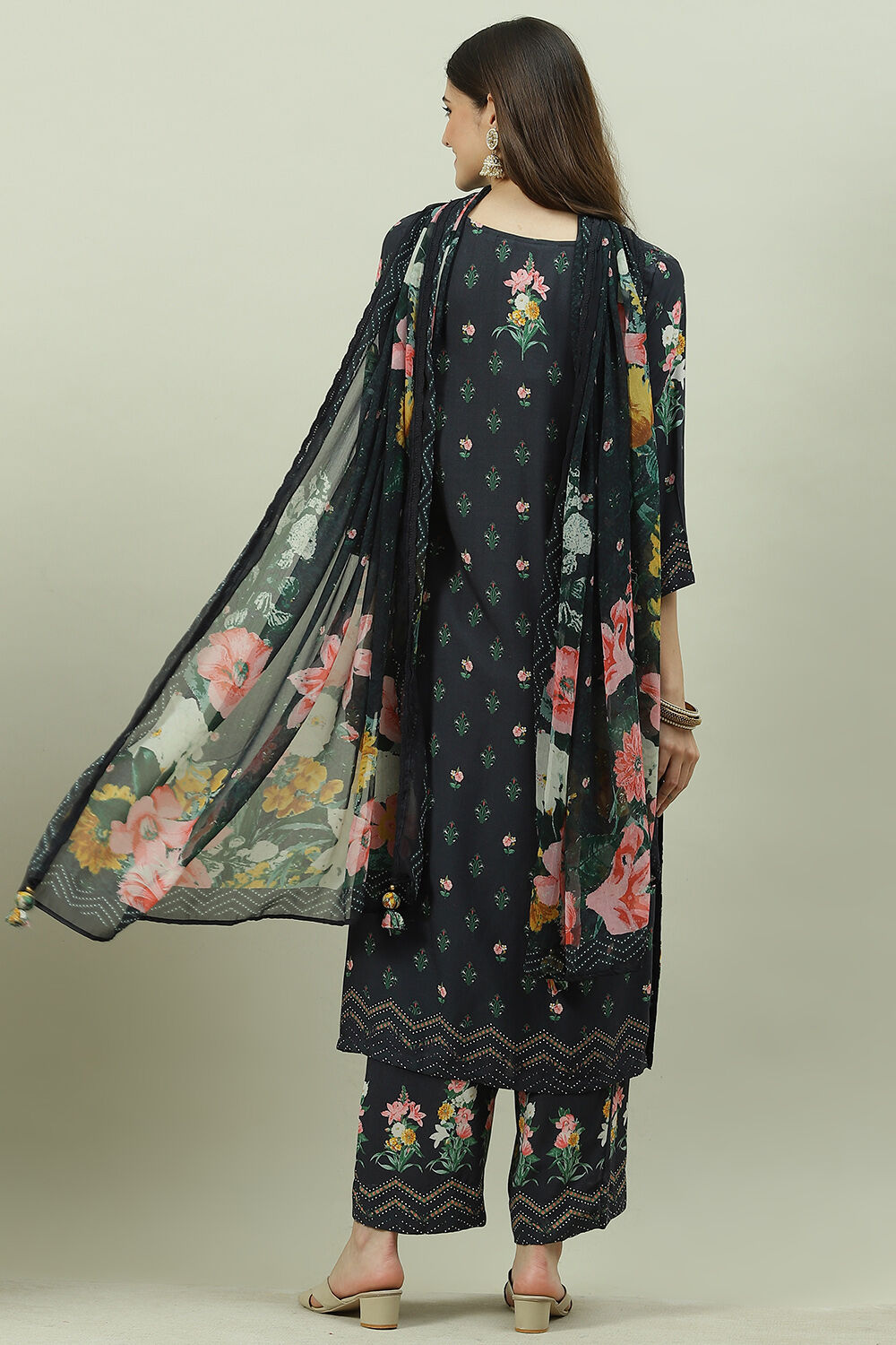 Black Rayon Printed Straight Pant Kurta Palazzo Suit Set image number 4