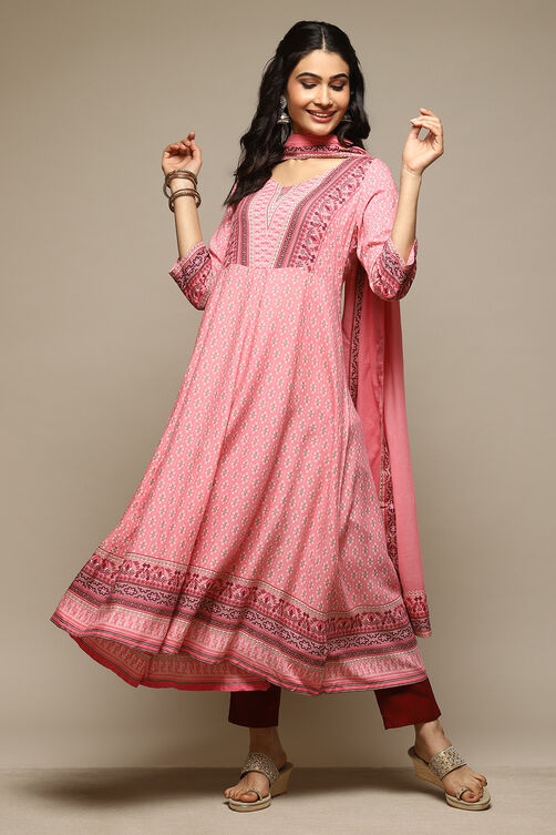 Pink Rayon Anarkali Kurta Churidar Suit Set image number 0