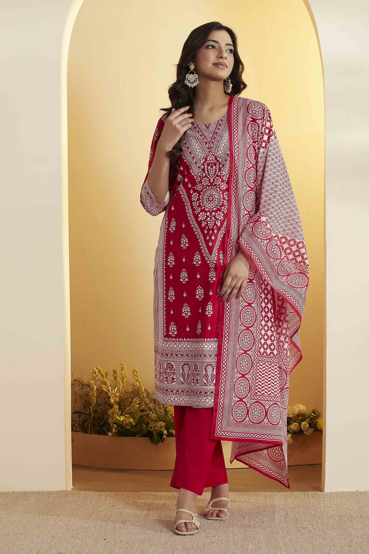 Red Cotton Straight Suit Set