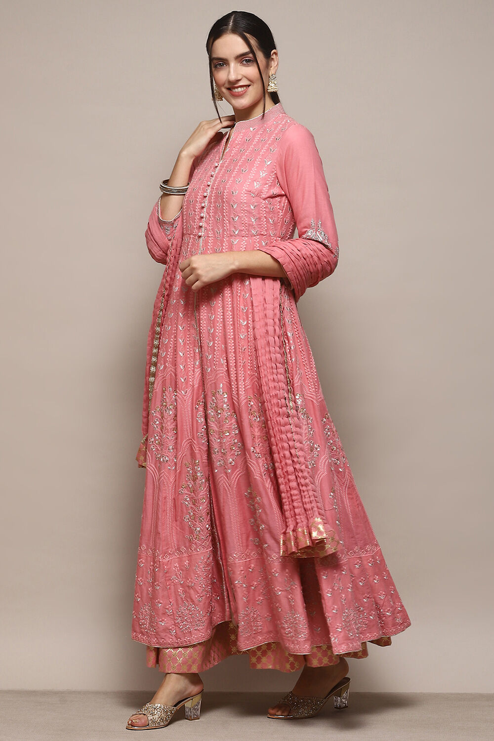 Blush Pink Cotton Anarkali Kurta Lehenga Suit Set image number 4