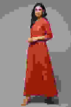 Red Cotton Straight Printed Dress image number 3