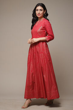 Red Cotton Straight Printed Dress image number 3