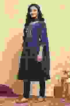 Navy Blue Cotton Tiered Solid Suit Set image number 3