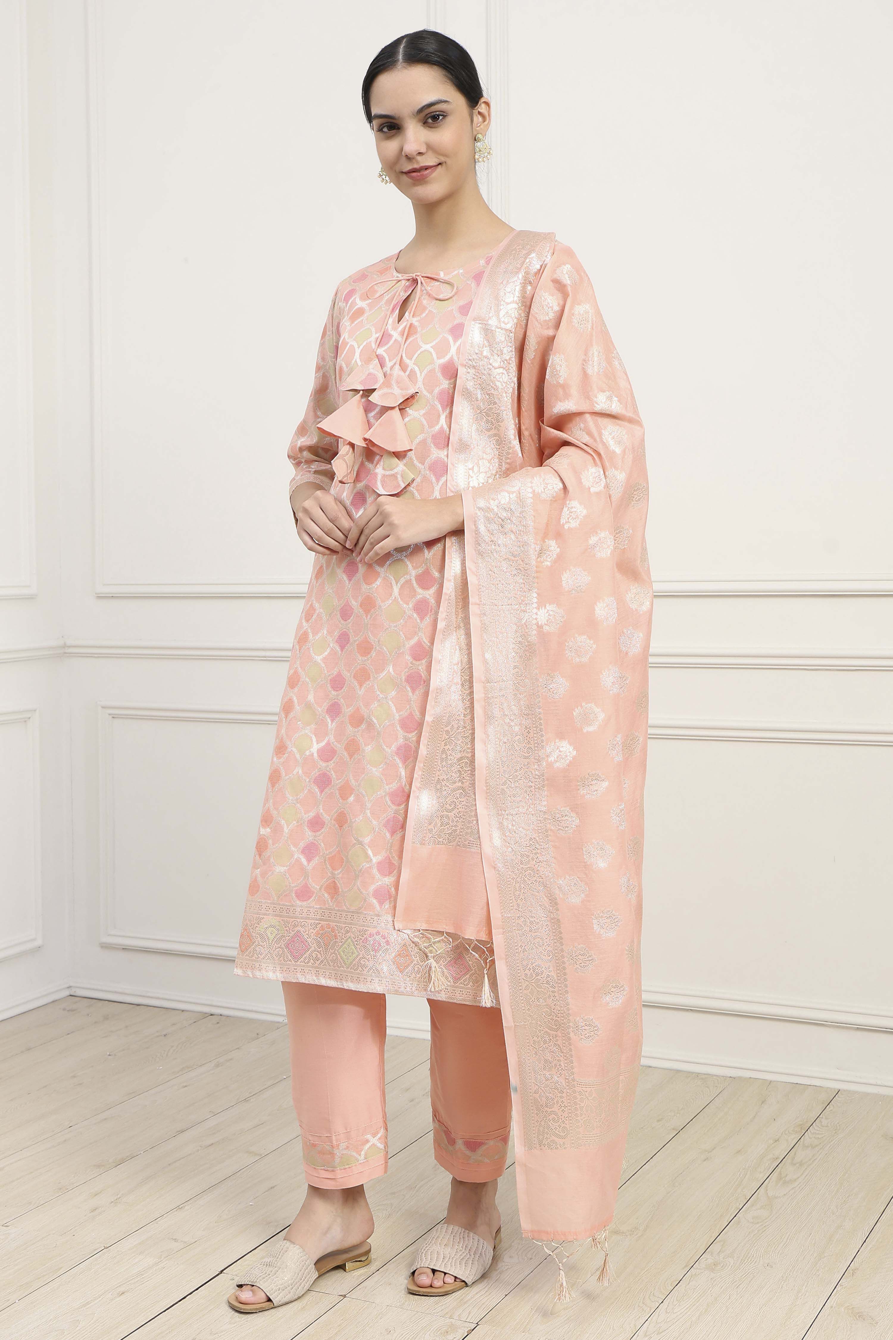 Peach Chanderi Blend Banarasi Unstitched Suit Set image number 4