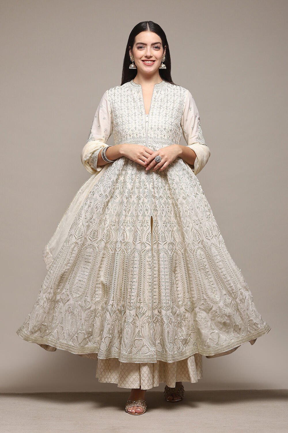 Off White Cotton Anarkali Kurta Skirt Suit Set