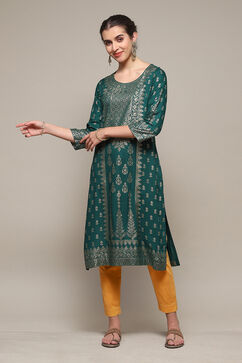 Bottle Green LIVA Straight Printed Kurta image number 0