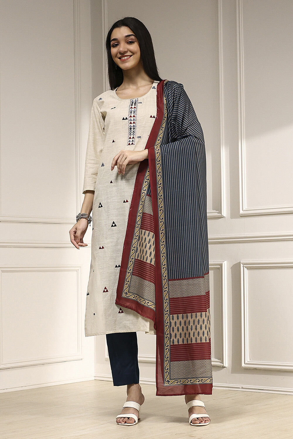 Beige Cotton Handloom Unstitched Suit Set image number 1