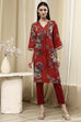 Coral Red Floral Printed Straight Kurta image number 5