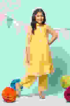 Yellow Nylon Gathered Embroidery Kurta Palazzo Suit Set image number 6