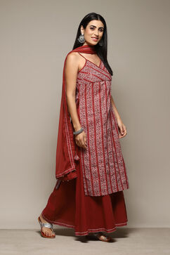 Red Cotton Straight Printed Kurta Sharara Suit Set image number 6